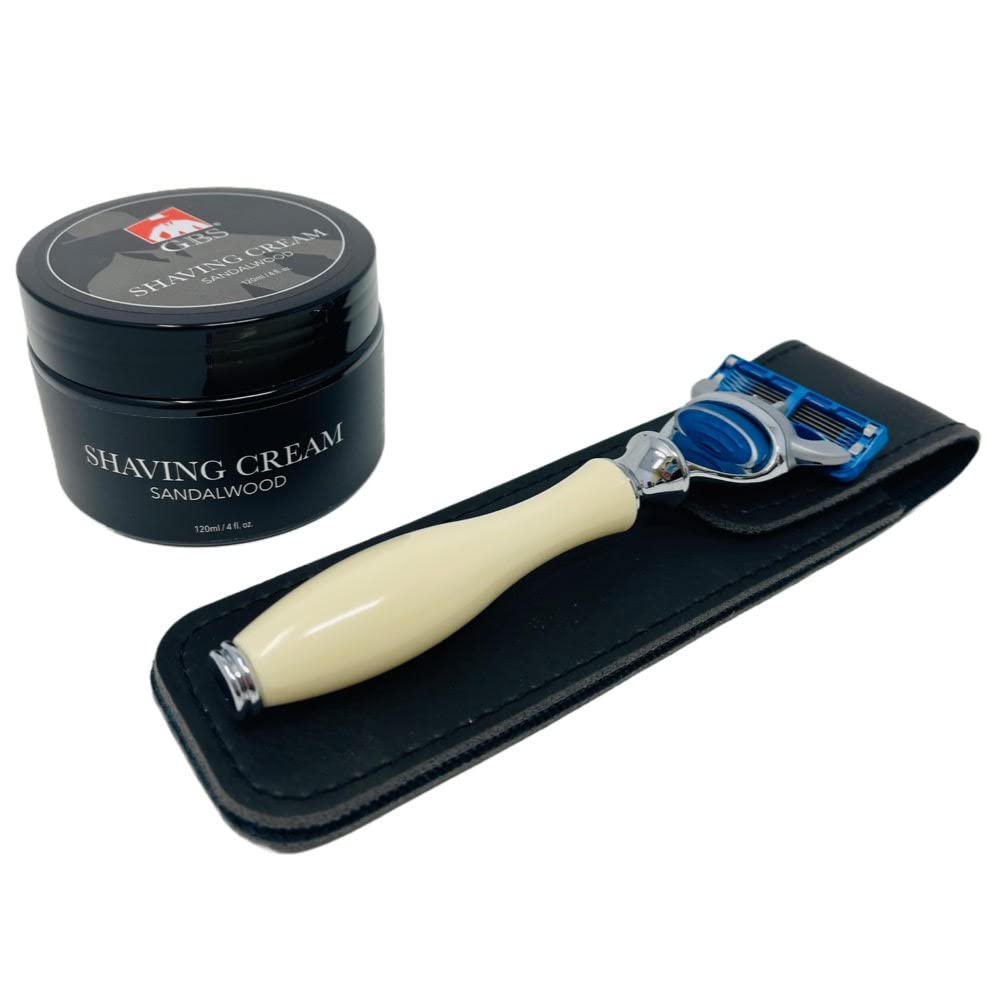 GENTS Men's Shaving Kit - 5 Blade Fusion Compatible Razor with Faux Ivory Handle, Sandalwood Shave Cream, Leather Case & Refill Cartridge - Premium Gift Set