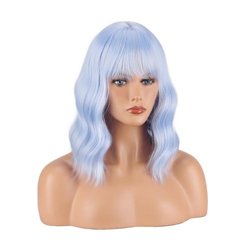 Greenmirr Light Blue Wavy Wig with Bangs Synthetic Ice Blue Bob Wig for Women Replecement Hair 14in
