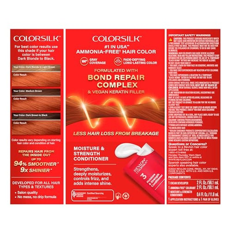 Revlon ColorSilk with Bond Repair Complex, Permanent Hair Color, 100% Gray Coverage, Ammonia Free Dye, Vegan Keratin, 45 Bright Auburn, 3 pack