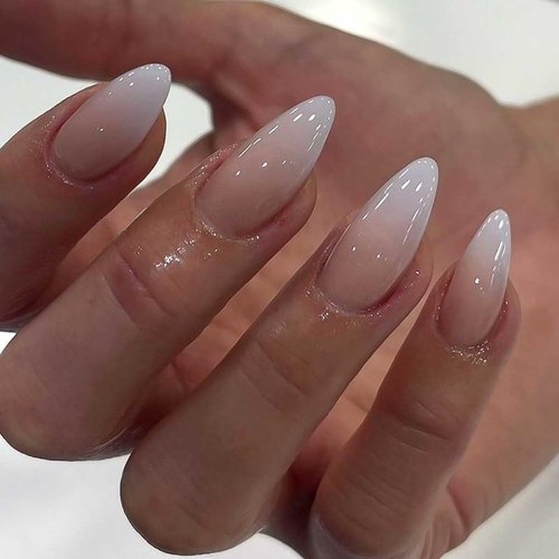 RikView Almond Press-on Nails - Medium French Tips, White Glossy Stick-on Nails, Full Coverage, 24 PCS