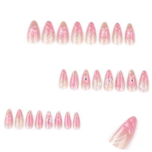 Foccna Almond Press on Nails -Soft Gel Medium Pink Fake Nails French Glossy Butterfly Artificial Nails 3D Flower Design Nails Clear,24pcs