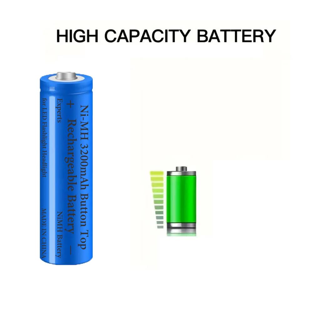 6 Pack 3200 mAh Battery Ni-MH Rechargeable, Button Top NiMH Batteries, High Capacity Battery for LED Flashlight, Headlamp,Camera, RC Car, Mini Fans, etc, with Storage Box, Blue