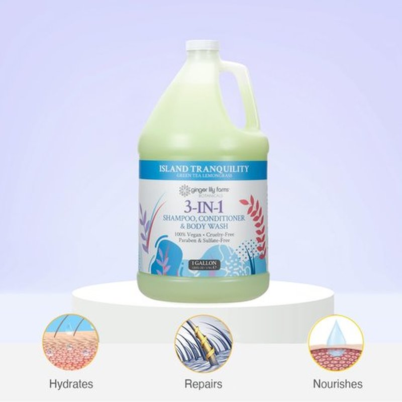 Ginger Lily Farms Botanicals 3-in-1 Shampoo, Conditioner & Body Wash, Island Tranquility, 100% Vegan & Cruelty-Free, Green Tea & Lemongrass Scent, 1 Gallon (128 fl oz) Refill