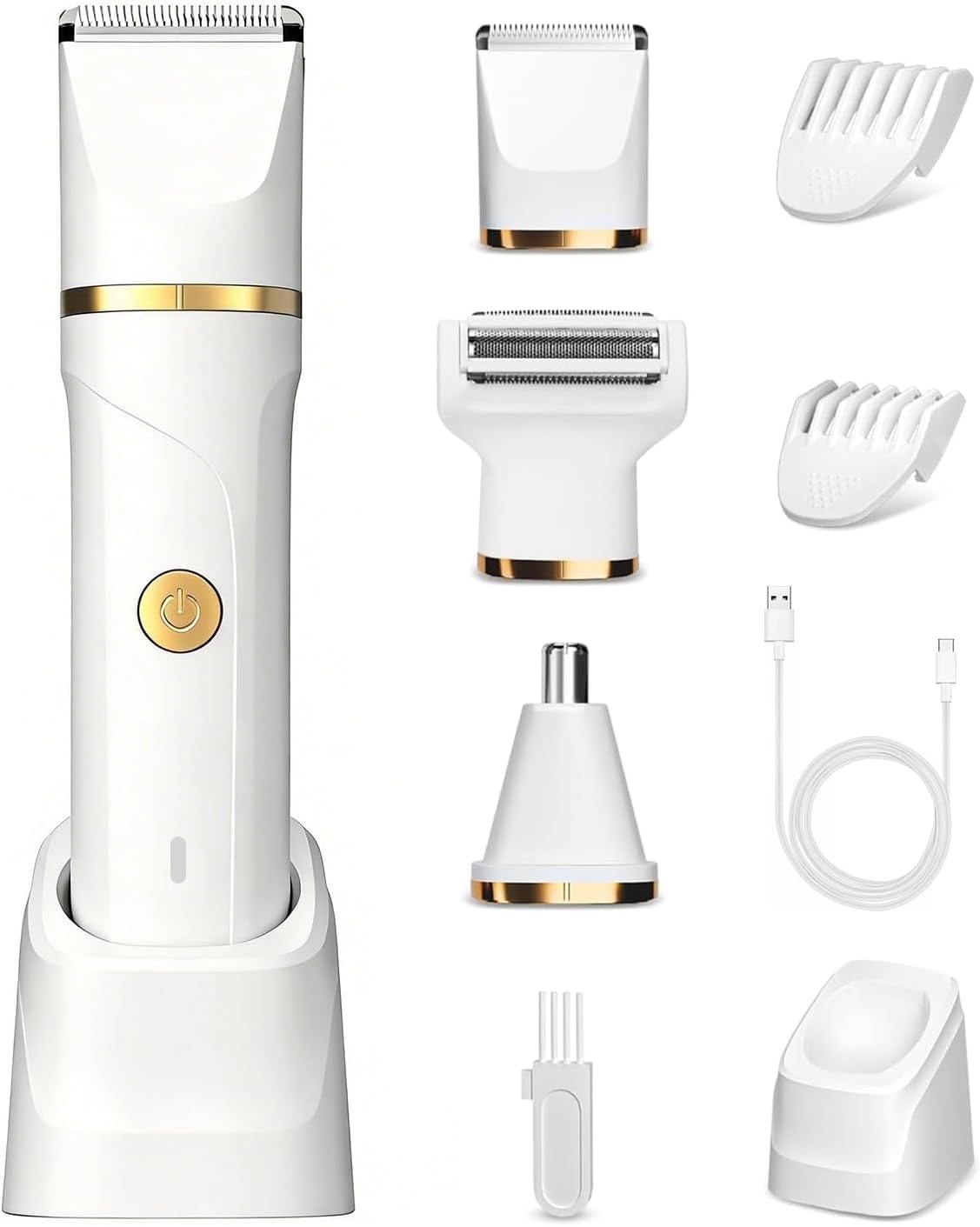 RAXMETRY Bikini Trimmer for Women Men, 3-in-1 Electric Razors for Pubic Hair, IPX7 Waterproof Replaceable Shaver Head with Nose Hair Trimmer for Travel, White