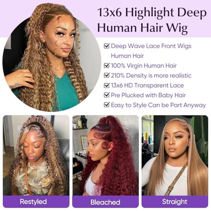 Harmsh 30inch Highlight Ombre Lace Front Wig Human Hair Deep Wave 13x6 HD Honey Blonde Lace Frontal Wigs P4/27 Curly Human Hair Wig Glueless Wigs Human Hair