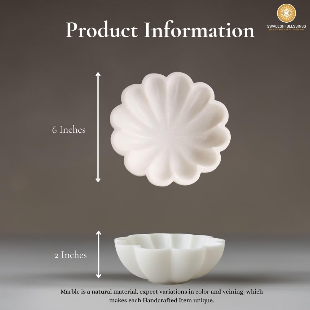 SWADESHI BLESSINGS HandCrafted Marble Decorative Bowl | White Ruffle Scalloped Fluted Key/Fruit Ring Dish | Organic Modern Home Decor (6 Inches)