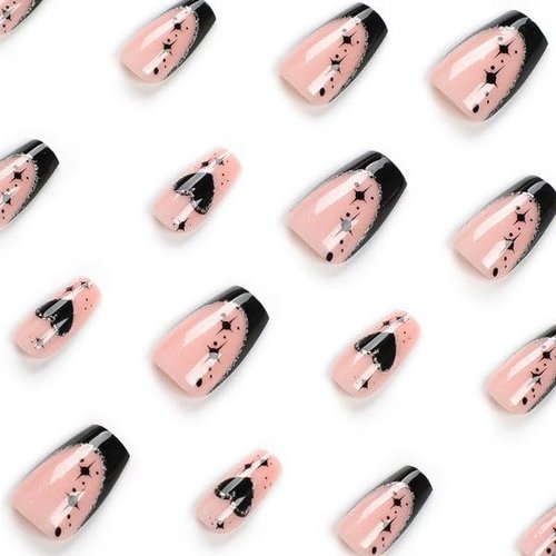 GALSPRO Short Press on Nails - Set of 24 Fake Nails with Designs in 12 Different Sizes for Perfect Fit, Cute False Nails Kit for Women with 0.07oz Nail Glue (NOIR CELESTIAL COFFIN SHAPE, Short)