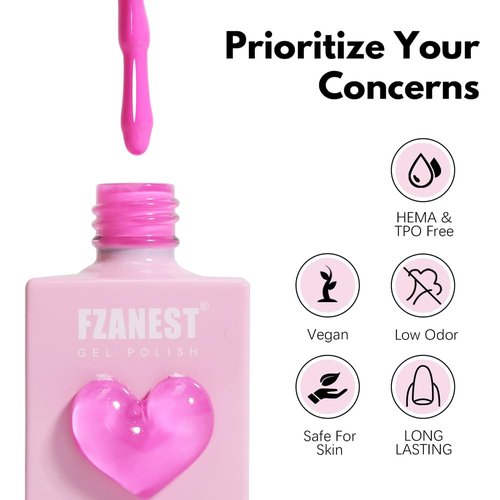 FZANEST 30pcs Gel Nail Polish Set, Professional HEAM-free TPO-free 10ml 26 Bright Colors DIY Gel Nail Set with Base Top Coat, Matte Top & Blooming – Pink Heart Shaped Bottles