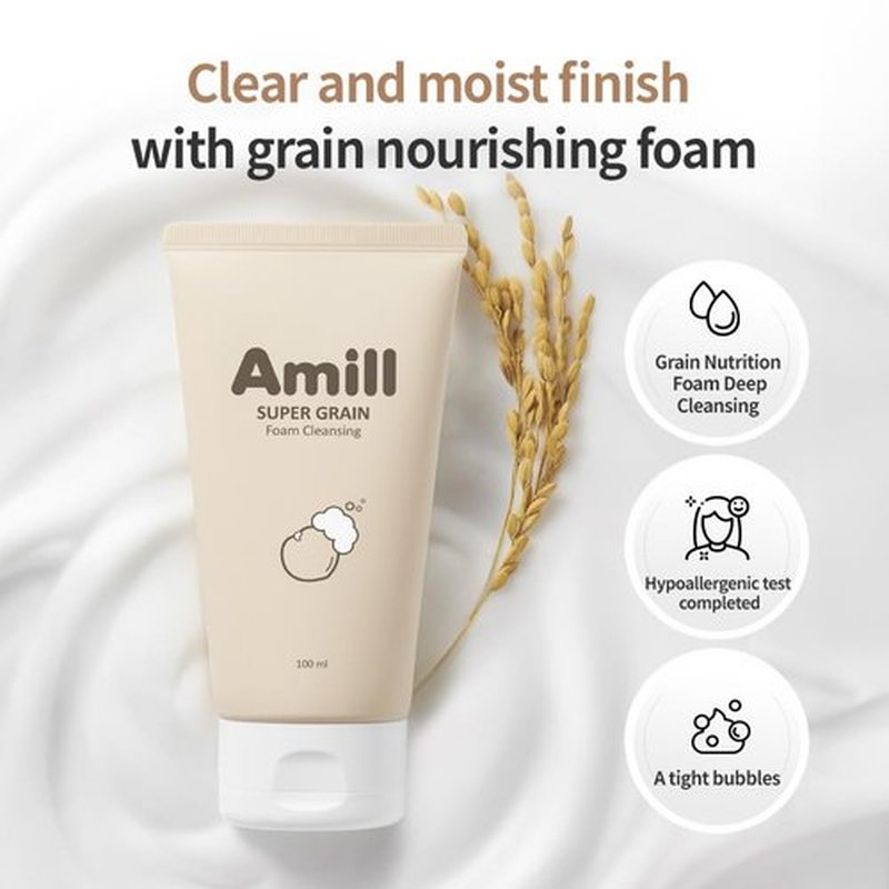 Amill Super Grain Foam Cleanser - Gentle Facial Wash with Multi-Grain Extracts | 100ml/3.39fl.oz for Soft, Hydrated Skin