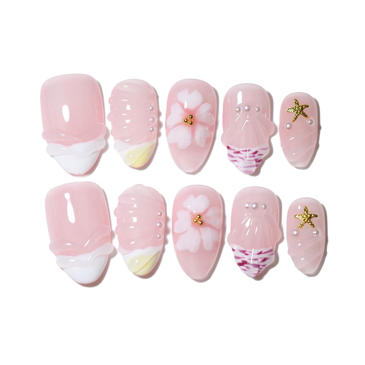 10 Short Almond Handmade Press On Nails | 3D Floral Gradient Color with Cute Starfish & Seashell,New styles for Autumn & Winter | Skip Salon Trips, Easy to Apply & Remove, Reusable (Seafish A02, M)