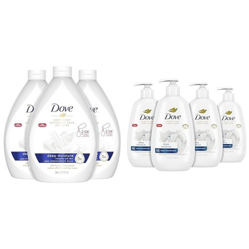 Dove Advanced Care Deep Moisture Hand Wash Pack of 3 for Soft, Smooth Skin More Moisturizers Than The Leading Ordinary Hand Soap, 34 oz and 4 Count 12 oz