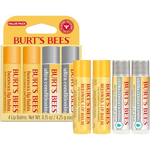 Burt's Bees Lip Balm Beeswax and Ultra Conditioning Lip Balm Pack, Hydrating Lip Moisturizer with Kokum and Shea Butter, Natural Origin Lip Care, 4 Tubes, 0.15oz.