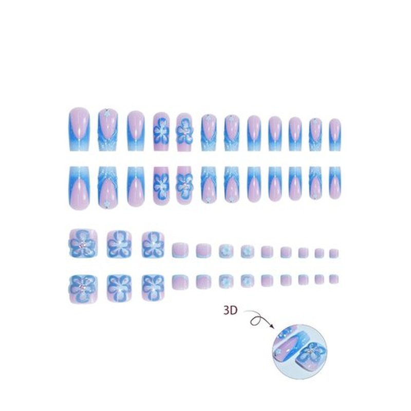 48 Pcs Pink Press On Nails Long Square & Press On Toenails Set - YEFIUO Spring Blue French Fake Nails Press ons Nail Art Tips Glue on Nails Acrylic Nail Kit False Toe Nails with 3D Flower Design
