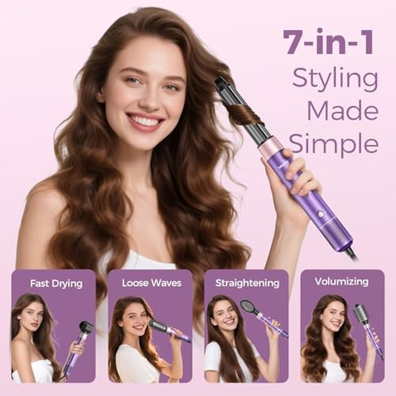 Vincofy 7-in-1 Hair Dryer Brush and 1500W Hair Styler Set – Fast Drying, Curling, Straightening & Volumizing – Hot Air Styling Tool with No Heat Damage – for All Hair Types – Purple