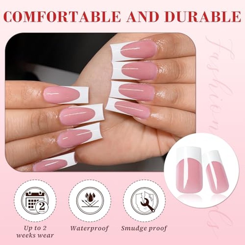 240pc White French Tips Press on Nails Square Fake Nails with Tabs, Medium Nails Press ons French Tip Acrylic Nails Pink Glue ons Nails Square False Fingernail Artificial Nails Stick on Nails Women