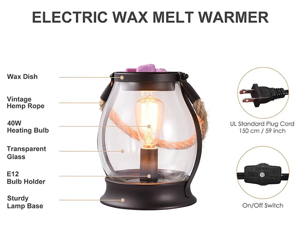 ORJG Electric Wax Melt Warmer, Farmhouse Wax Warmer with Twine Handle & Edison Bulb, Flameless Oil Burner for Scented Wax, Retro Decor Night Light for Home – Ideal Gift for Women Family
