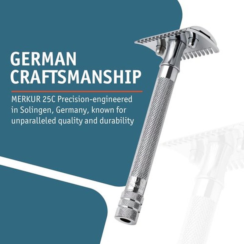 MERKUR 25C Double Edge Safety Razor - Bright Chrome, Open Comb Design, Long Handle, Eco-Friendly