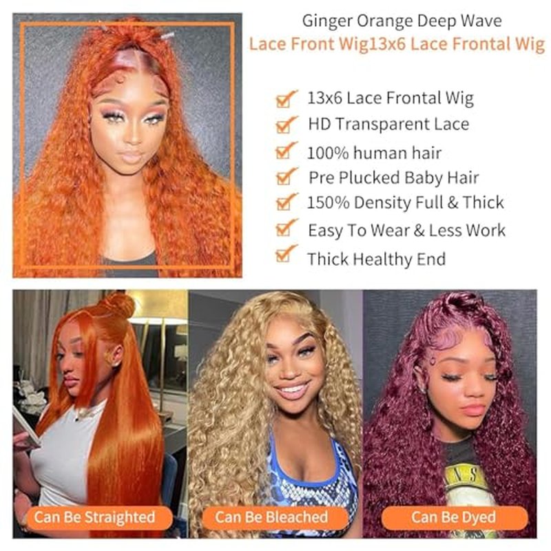 Bilisar Ginger Wig Human Hair 13x6 Deep Wave Lace Front Wigs Human Hair Curly Wigs HD Transparent Lace Frontal 350 Colored Human Hair Wig Pre Plucked 150% Density 28 Inch
