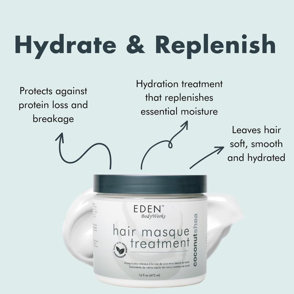 EDEN BodyWorks Coconut Shea Moisturizing Hair Masque Treatment | 16 oz | Hydrate, Protect, Soften, Add Shine - Packaging May Vary