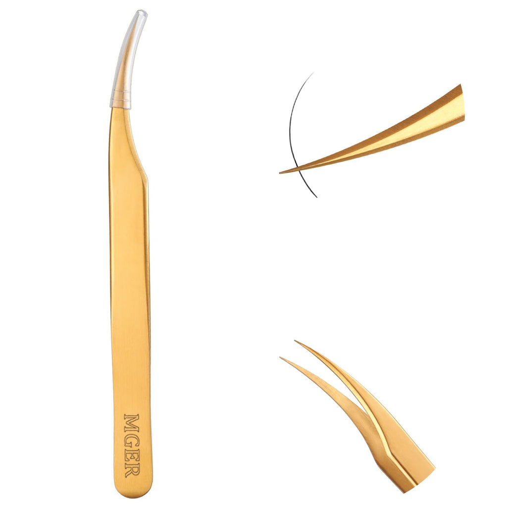 MGER Lash Tweezers for Eyelash Extension-Professional Lashing Tweezers for Mega Volume Mink Eyelashes Extensions Applying, Gold tweezers