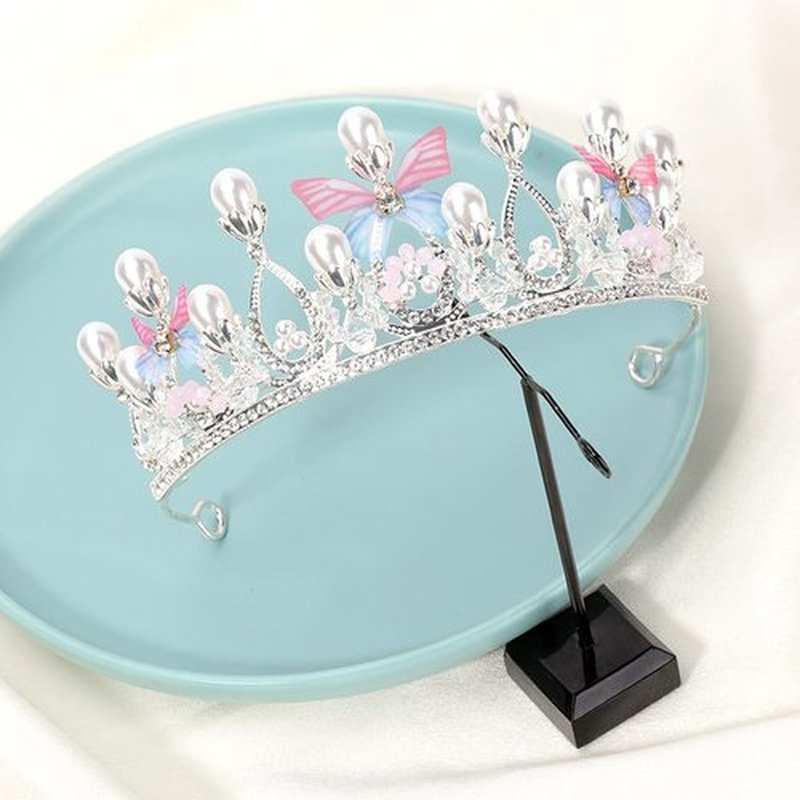 Tiara Butterfly Crown Gold Pearl Headband Rhinestone Hairpiece for Wedding Bridal Prom Birthday Party Cosplay (Silver)