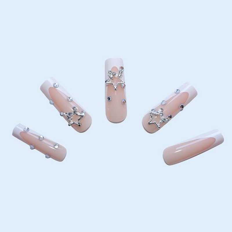 KIRAKIRA Pink Coffin Press On Nails with Chocolate Decorative Design and Flash Diamond Long Fake Nails Full Cover Stick On Nails for Women and Girls 24Pcs (baby pink, medium)