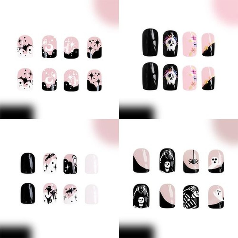96PCS Halloween Short Press on Nails, Black White French Tips Fake Nails Glossy Square False Nails Ghost Skull Skeleton Spider Halloween Artificial Acrylic Nails for Women Home Salon DIY Nail Art
