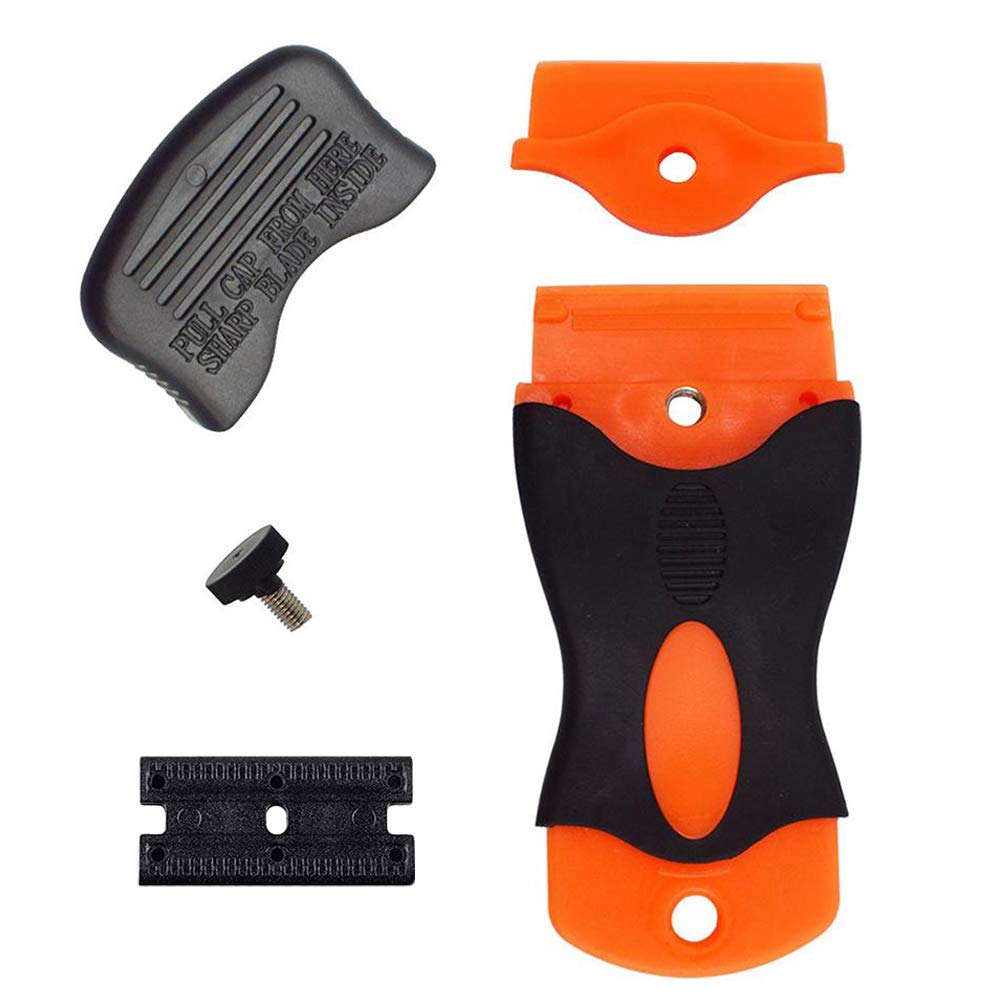 CANOPUS Plastic Razor Blade Scraper with 10 Double Edged Plastic Replacement Blades, Suitable to Remove Glue, Stickers, Decals, Gaskets, Auto Window Tint Vinyls, Black-Orange