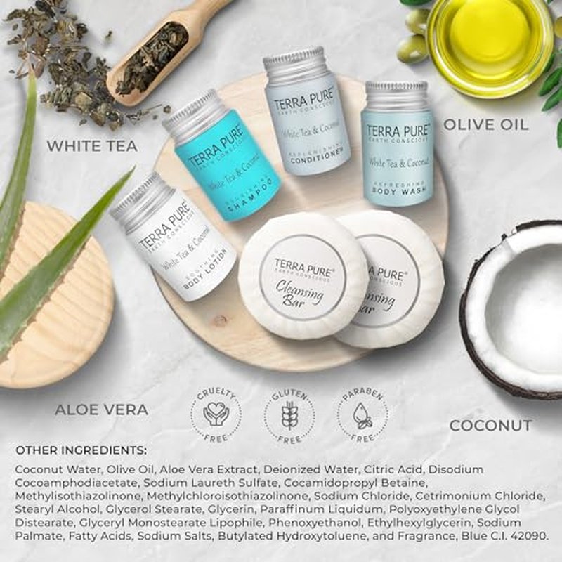 Terra Pure White Tea & Coconut Amenity & Accessory Kit |1oz Travel Size Shampoo, Conditioner, Lotion, Body Wash, 2 Cleansing Bars, Shave & Dental Sets, Make-Up Remover Wipes, & Vanity Kit | 15 Boxes