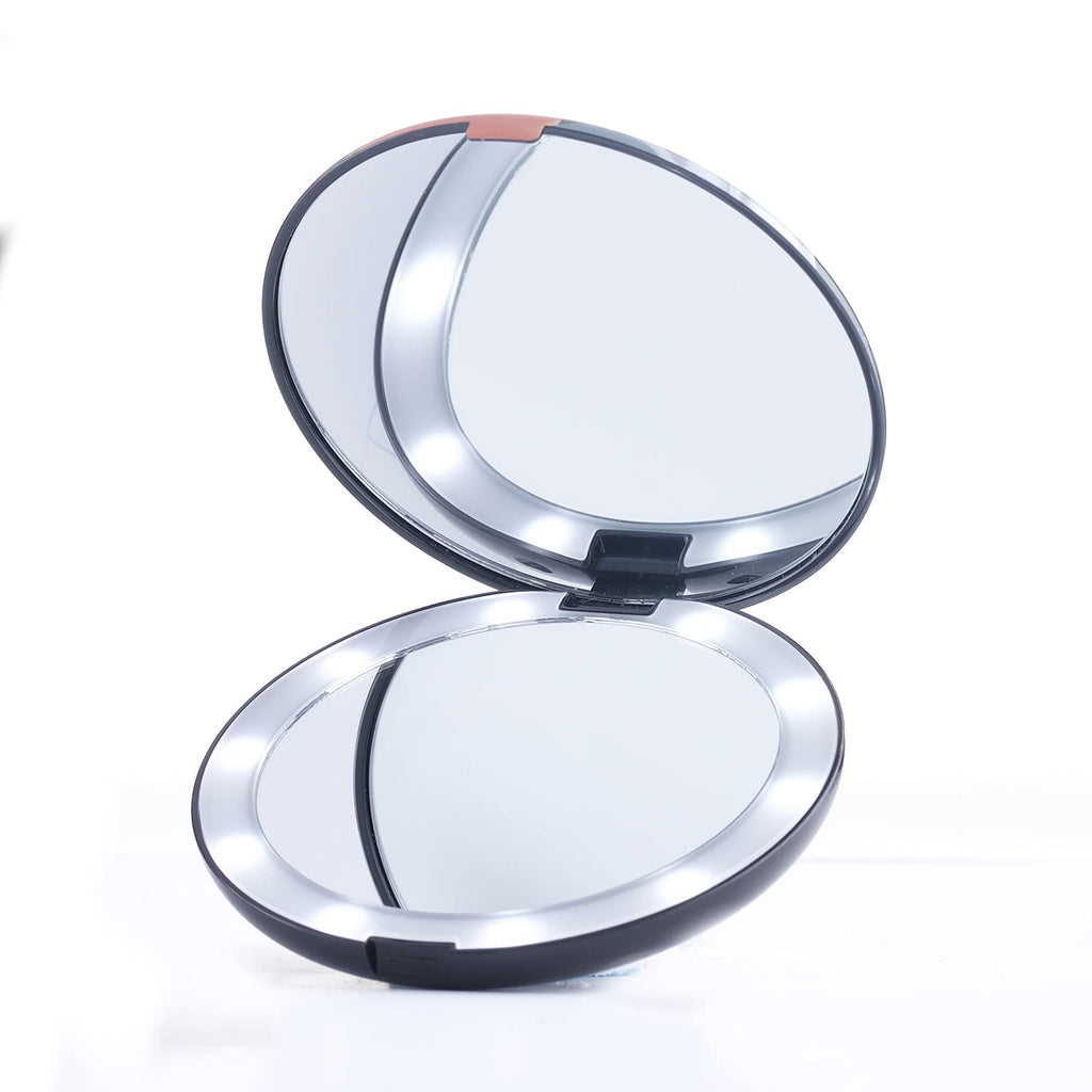 Pop Sonic Circle LED Compact Mirror - Adjustable Brightness Light Up Travel Mirror w/ 1x/5x Magnifiers - Portable Makeup Mirror w/LED Lights (Marble)