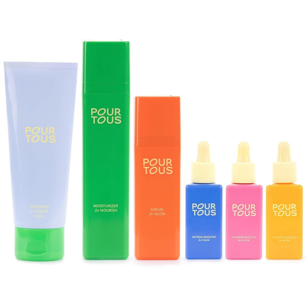 POUR TOUS Complete Facial Routine Set (6 pc) | Face Cleanser, Moisturizer, Serum + 3 Boosters w/Niacinamide & Hyaluronic Acid | Safe Plant-Based Skincare For Tweens Teen & Young Adult Skin