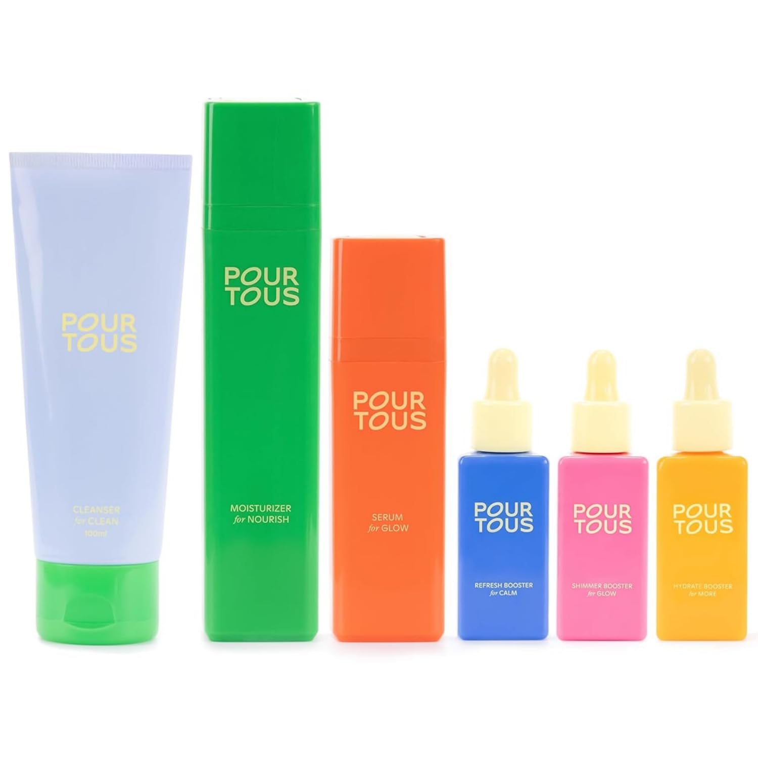 POUR TOUS Complete Facial Routine Set (6 pc) | Face Cleanser, Moisturizer, Serum + 3 Boosters w/Niacinamide & Hyaluronic Acid | Safe Plant-Based Skincare For Tweens Teen & Young Adult Skin