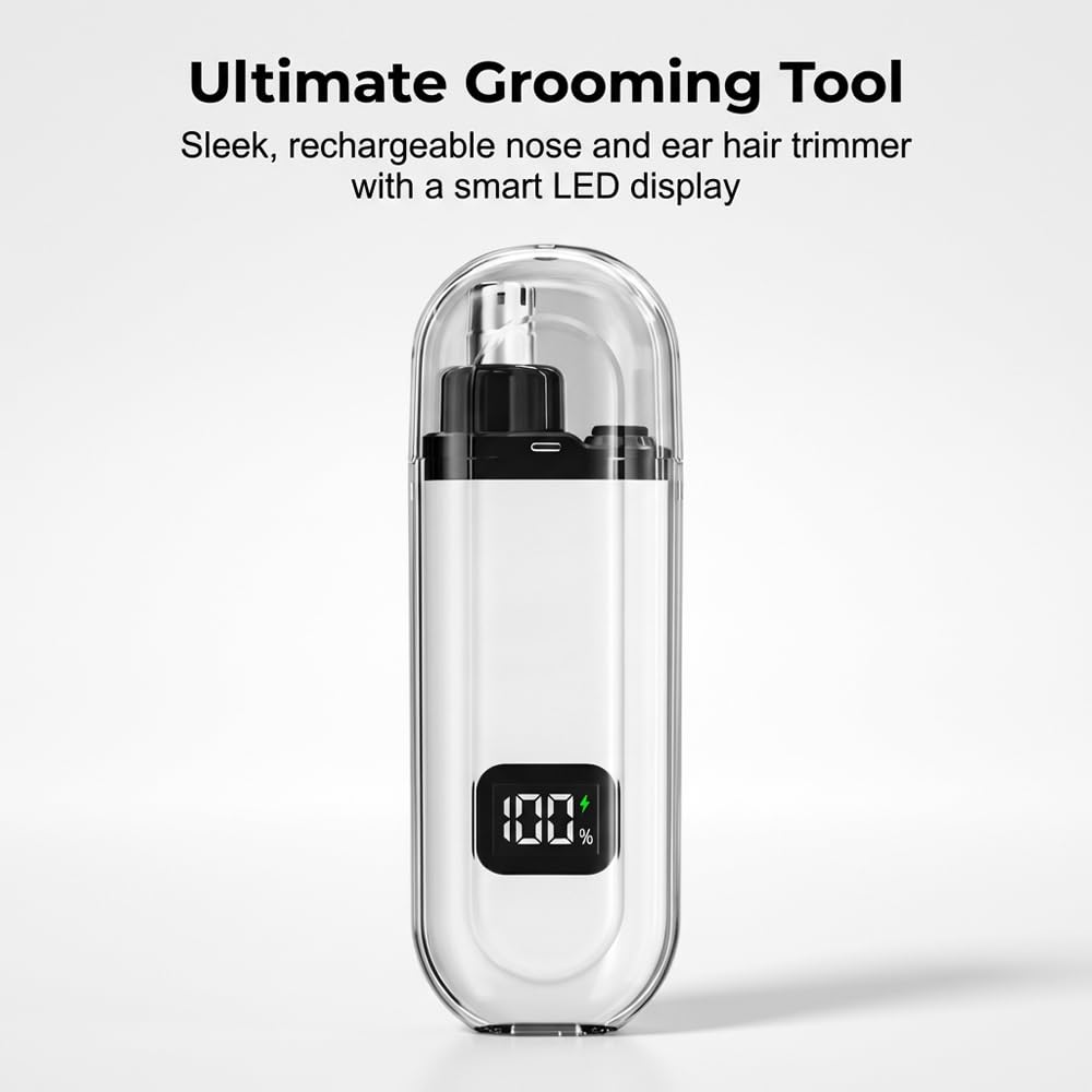 PolishWiz 3-in-1 Nose Hair Trimmer for Men & Women, Rechargeable Nose & Ear Hair Trimmer with Eyebrow Head, Type-C Charging, IPX7 Waterproof Electric Nose Trimmer (White)