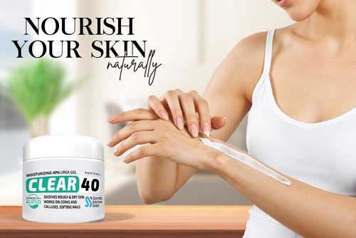 CLEAR 40, 40% Urea Gel, 4 oz w/Tea Tree & Coconut Oil, Aloe Vera Extract, Works on Calluses & Corns, Moisturizes & Softens Cracked Heels, Feet, Elbows, Hands, Nails, Superior Hydration to Urea Creams