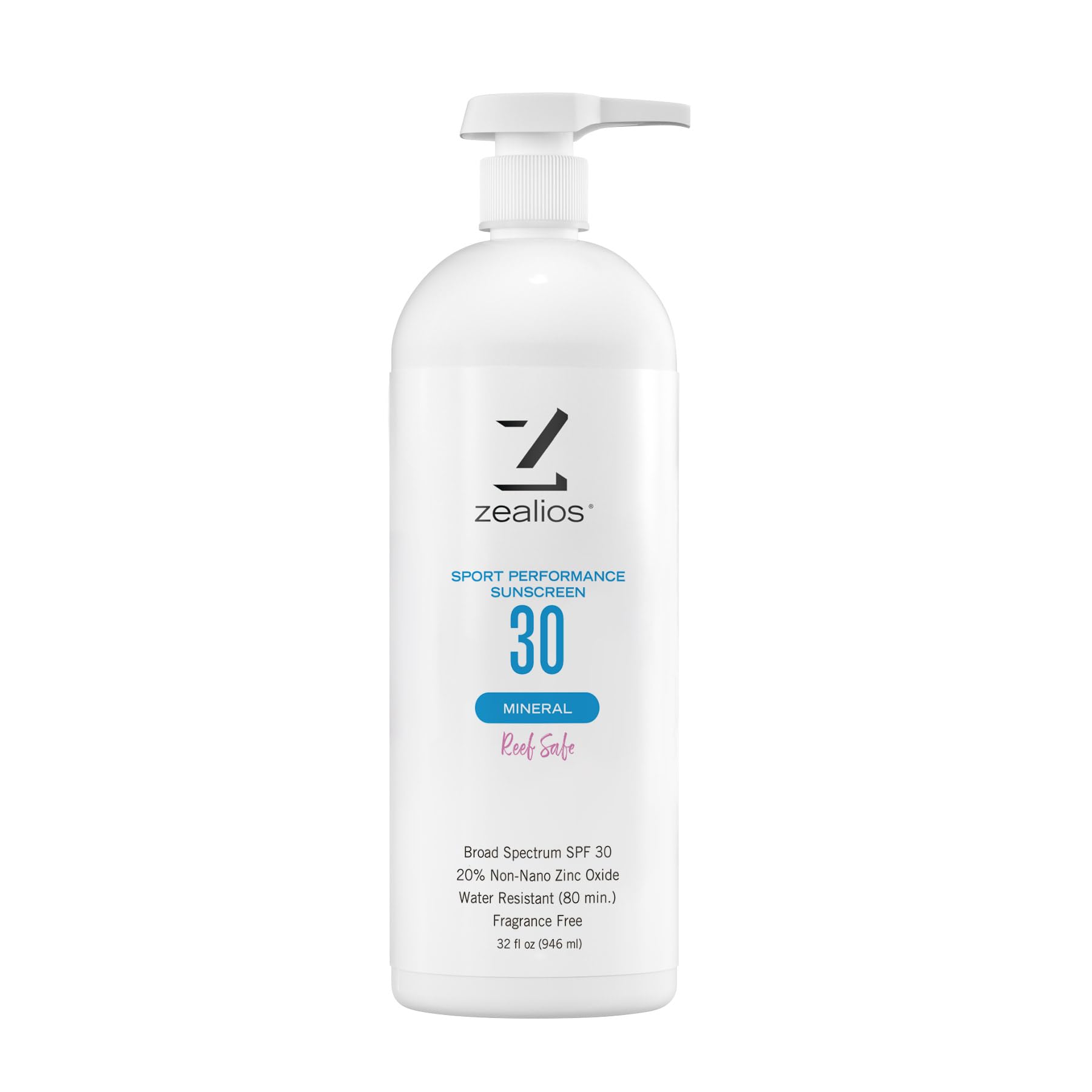 Zealios Sport Performance Mineral Reef Safe SPF 30 Sunscreen, 32 oz Bottle Plus Travel Bottle, Water & Sweat Resistant (80 min) Non-Greasy, 20% Non-Nano Zinc Oxide for Running, Cycling, Swimming