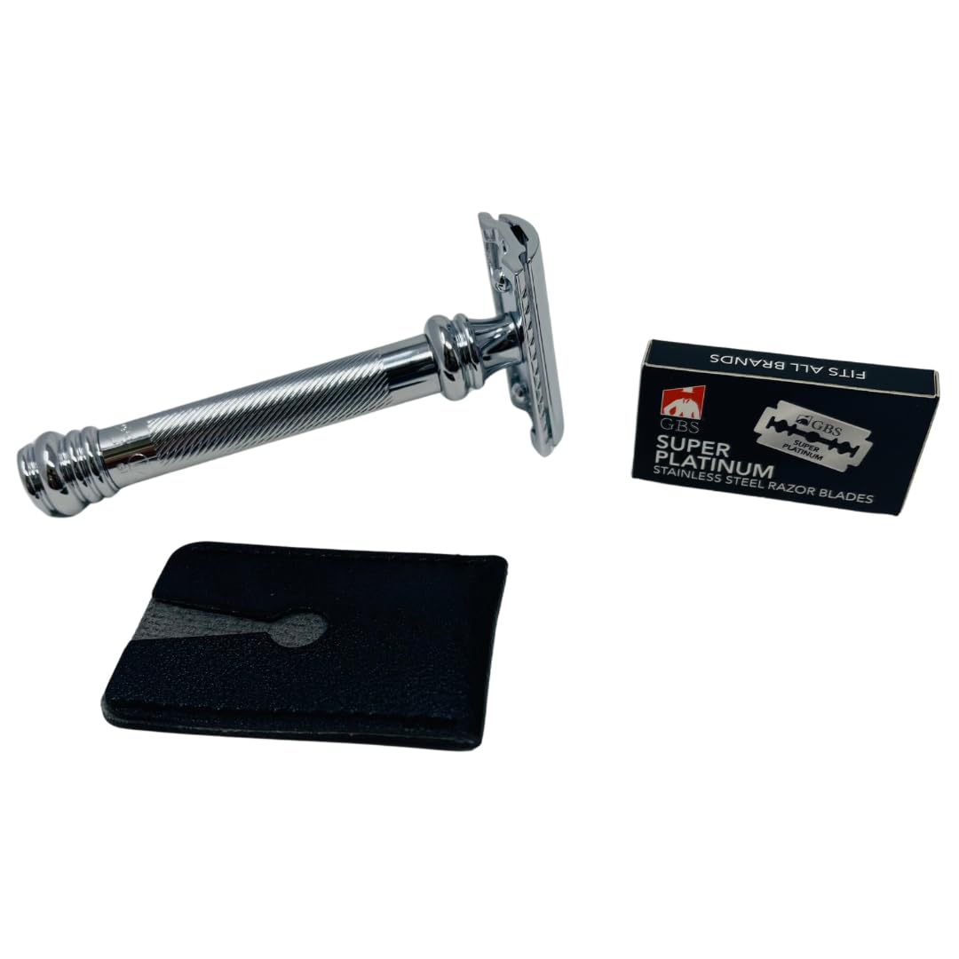 G.B.S Men's Heavy Duty DE MK 38 Men's Double Edge Safety Razor with Shaving Brush, Chrome Shave Brush and Razor Stand, Travel Razor Head Sleeve includes 10 Double Edge Blade Refills