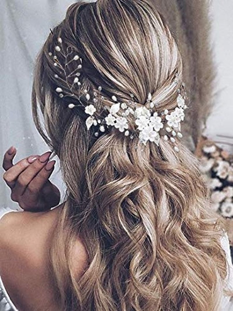 Bessney Flower Wedding Hair Vine Pearl Bridal Headband Silver Hair Accessories for Women