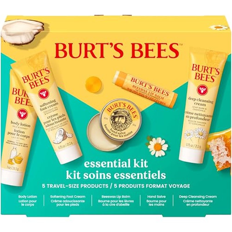 Burt's Bees Gift Ideas - Essentials Everyday Set, 5 Travel Size Products - Deep Cleansing Cream, Hand Salve, Body Lotion, Foot Cream and Original Lip Balm