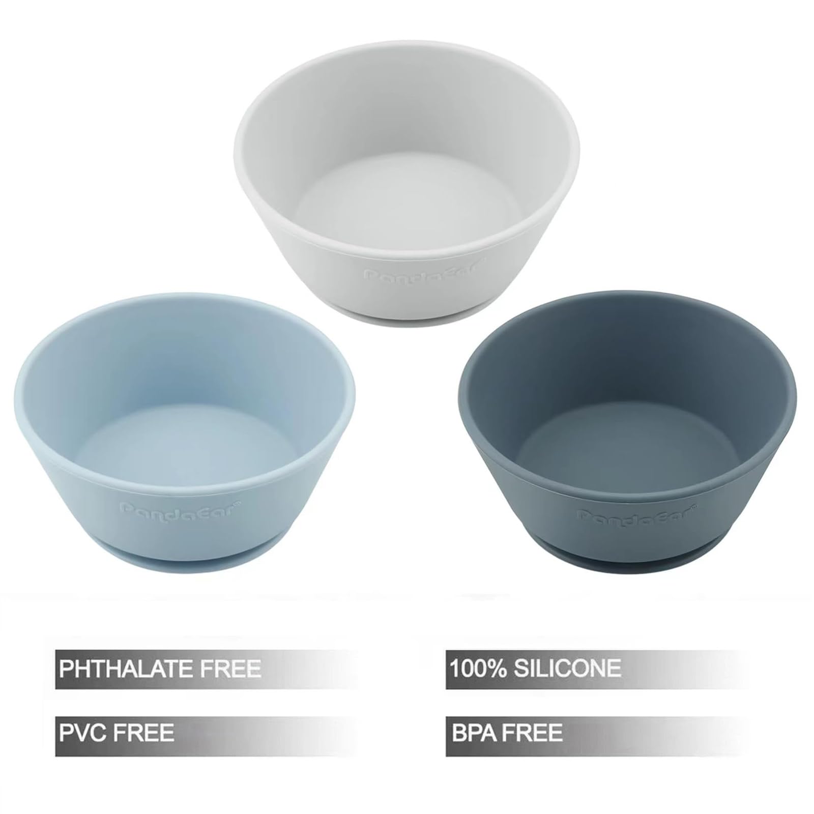 PandaEar 3 Pack Baby Suction Bowls|Silicone Food Bowls First Stage Feeding for Baby Toddler Infant Kids| Food Grade Soft Safe BPA-Free Silicone Toddler Bowls -Blue/Gray