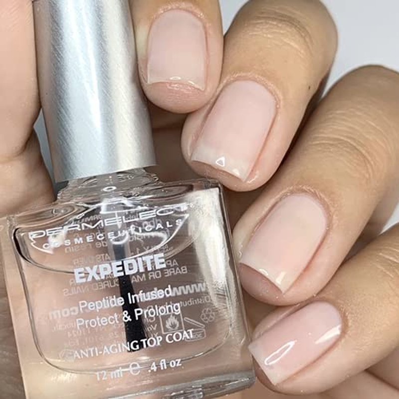Dermelect Expedite Protect & Prolong Top Coat with Keratin Protein Peptides Strengthening, Hardening Protective High Shine, Quick Dry, Chip Free Treatment for Gel and Acrylic Damaged Nails 0.4 oz