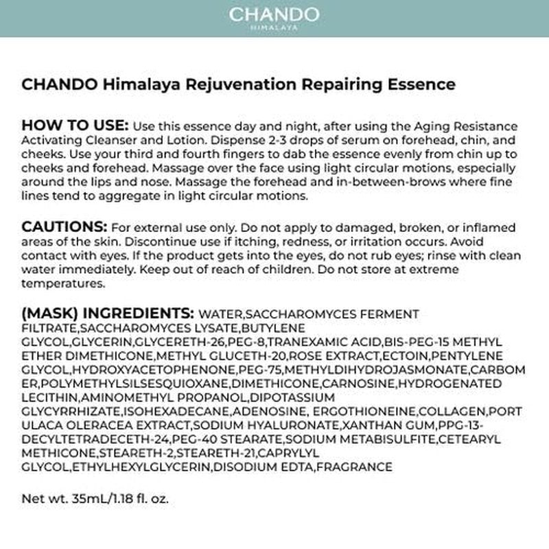 CHANDO HIMALAYA Advanced Repair Face Serum (35mL/1.18oz) - Anti Aging Hydrating Essence with Rose Extract & Hyaluronic Acid & Peptide for Renew Resurfacing, Visibly Hydrates & Plumps Skin