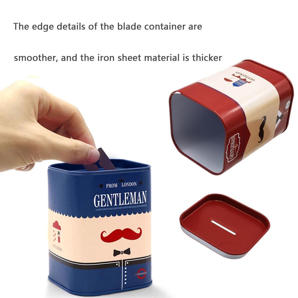 DHinkyoung Safety Razor Blade Disposal Case, Used Double Edge Razor Blade Disposal Container, Gentleman Style Detachable Razor Blade Bank with Red Beard Pattern for Salon and Barber Shop (Blue)