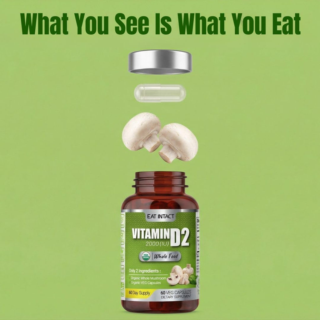 EAT Intact USDA Organic Vegan Whole Food Vitamin D (D2), 2000 IU (50 mcg), Bone & Immune Support, UV-Exposed Whole Mushroom, 2 Ingredients, No Additives or Fillers, Third-Party Tested, 60 Day Supply.