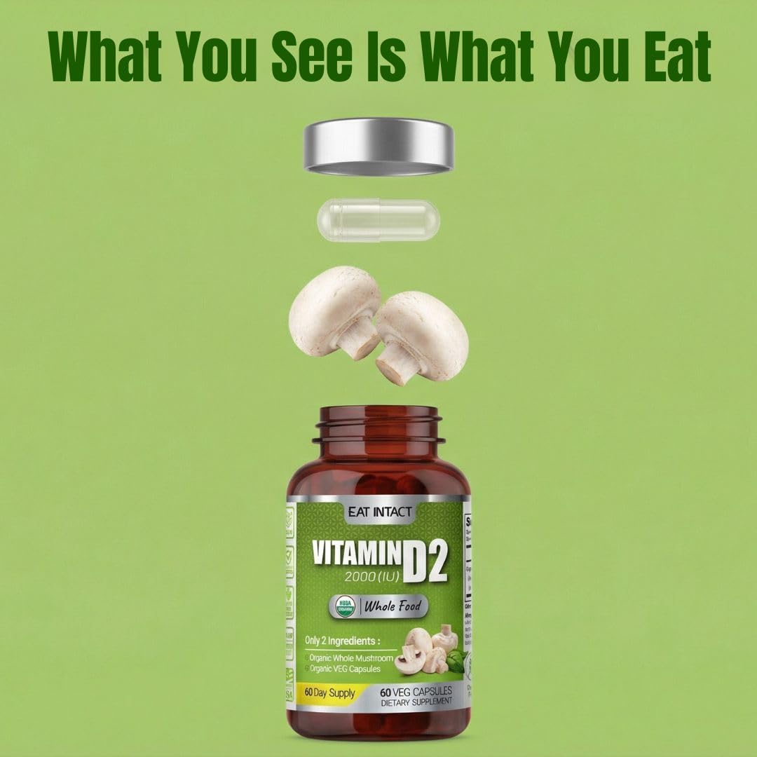 EAT Intact USDA Organic Vegan Whole Food Vitamin D (D2), 2000 IU (50 mcg), Bone & Immune Support, UV-Exposed Whole Mushroom, 2 Ingredients, No Additives or Fillers, Third-Party Tested, 60 Day Supply.