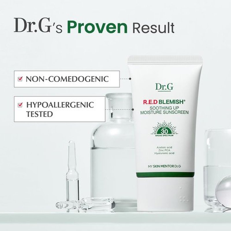 Dr. G R.E.D. Blemish Soothing Up Moisture Sunscreen - Korean Sunscreen with No White Cast - Broad Spectrum SPF for Sensitive Skin - Non-Greasy - With Hyaluronic & Azelaic Acid - 1.69 fl oz