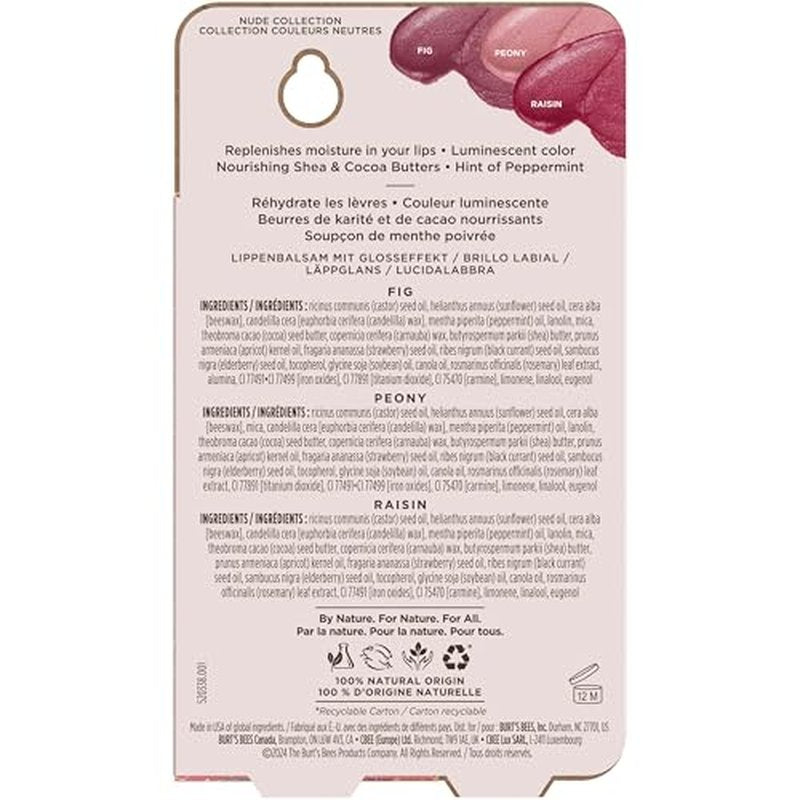 Burt's Bees Lip Shimmer Nude Collection, Tinted Lip Balm Stick, Moisturizing for All Day Hydration with Natural Glowy Pigmented Finish & Buildable Color, 3 Warm Shades; Value Pack, 3 Tubes x 0.09 Oz