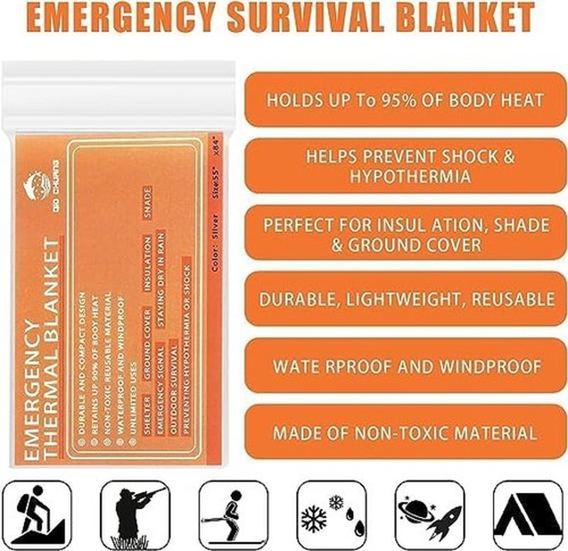 QIO CHUANG Emergency Mylar Thermal Blankets - 4-Pack Survival & Camping Blankets for Outdoors, Hiking, & First Aid