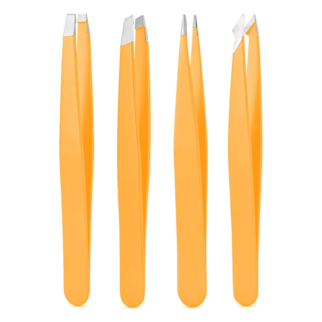 Derlaier Tweezers Set Professional High Precision Stainless Steel Eyebrow Remover Ingrown Hair & Splinter Removal Kit Facial Hair Grooming Tools for Men Women Orange 4 Pcs