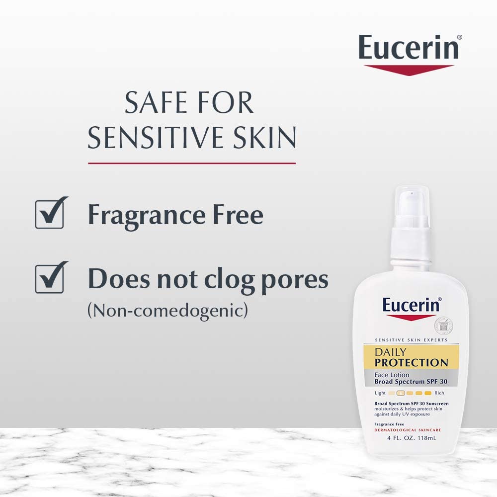 Eucerin Daily Protection Face Lotion with Broad Spectrum SPF 30 Sunscreen, Face Sunscreen Moisturizes and Helps Protect Sensitive, Dry Skin, Fragrance Free, 4 Fl Oz (Packaging May Vary)