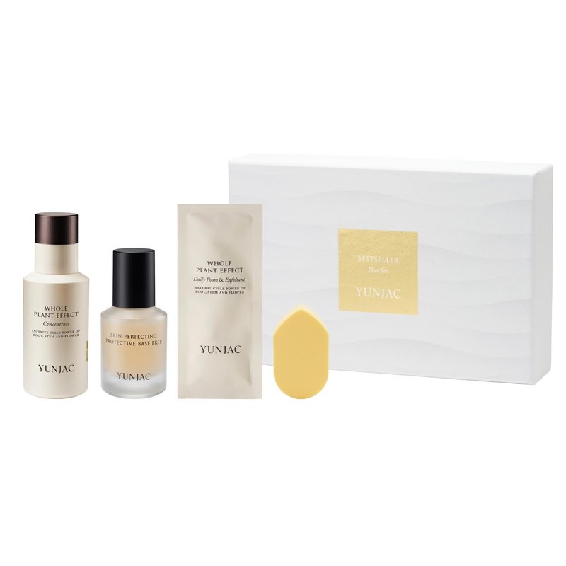 YUNJAC Glass Skin Prep Gift Set – Skincare & Makeup with Base Prep (0.84 fl oz), Concentrate Serum (1.35 fl oz), and Foam Exfoliant Samples (2g × 5ea) | Hydrating, Cleansing & Makeup-Ready Kit